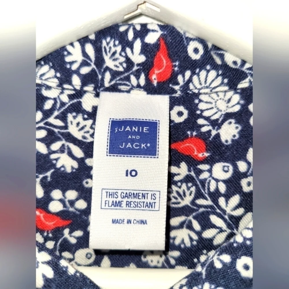 Janie and Jack Red Birds Floral Flannel Navy Blue Winter Pajama Shirt Size 10